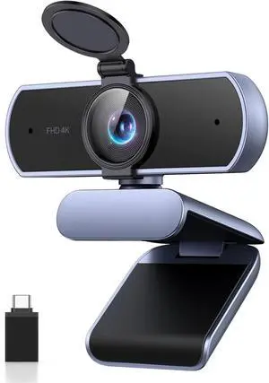 4K Webcam for PC Ultra HD Web Camera with Microphone, Privacy Cover, 70° Fov, PDAF Autofocus, USB A & USB C Adapter