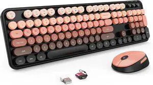 Wireless Keyboard and Mouse Combo, Retro Typewriter Keyboard with Round Keycaps, Full-Size Ergonomic, Aurora Red