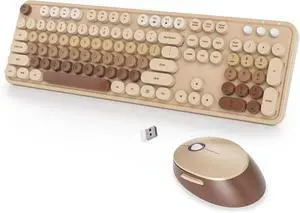 Wireless Keyboard and Mouse Set, Retro Typewriter Keyboard, 2.4GHz Full Size 104-Key Cute Keyboard (Coffee)