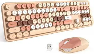 Wireless Keyboard and Mouse Combo, Colorful Computer Full Size 2.4G Plug and Play Wireless Typewriter(Milk Tea Colorful)