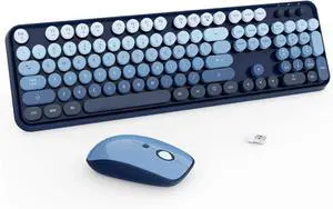 Wireless Keyboard and Mouse Combo - Keyboard with 104 Round Keys Retro Typewriter Keyboard - Blue Gradient