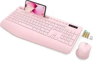 Wireless Keyboard and Mouse, Wrist Rest, Phone Holder, 2.4G Lag-Free Ergonomic Keyboards Mouse Combo, Pink