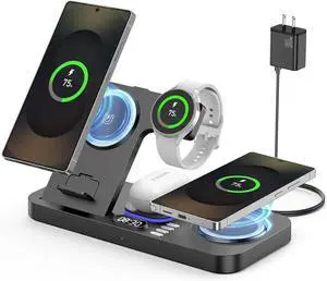 Wireless Charger for Samsung, 6 in 1 Charging Station,30W Dual Wireless Charger Phone with Clock & 7-Color Night Light