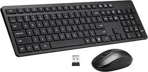 Wireless Keyboard and Mouse Combo, 2.4G Silent Cordless, 106 Keys Full Size , 1600 DPI Optical Mouse (Black)