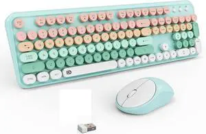 Wireless Keyboard and Mouse Set, 105 Round Keys Full-Size Cute Colorful Keyboard and Mouse with Retro Typewriter