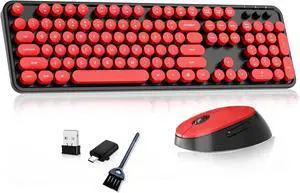 Wireless Keyboard and Mouse, Retro Typewriter Keyboard with Round Keycaps, Full-Size ErgonomicBlack and Red