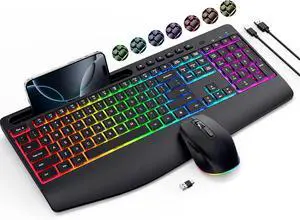 Wireless Keyboard and Mouse Combo- 2.4G Rechargeable Keyboard with Phone Holder, Ergonomic Wrist Rest