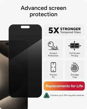 Glass Elite Privacy 360 iPhone 15 Pro Screen Protector - 5X Stronger with Reinforced Edges, 4-Way Privacy Filter