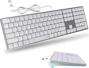 White Aluminum Backlit Keyboard,Plug-N-Play, USB-A/USB-C Wired Keyboard with Numeric Keypad
