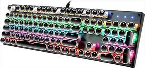 Typewriter Style Mechanical Gaming Keyboard LED Backlit Wired with Blue Switch Retro Round Keycap 104 Keys Keyboard (Black 104 Keys LED)