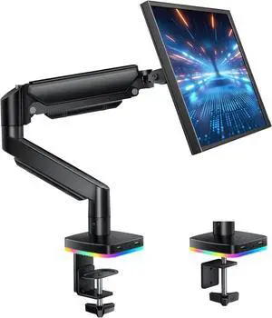 RGB Single Monitor Arm Desk Stand Gas Spring Computer Adjustable Monitor Mount for 13-32 inch Screens with USB & USB-C High Speed Data Transfer C Clamp