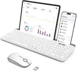 Multi-Device Bluetooth + 2.4G Wireless Keyboard Mouse with Tablet Holder for MacBook/Windows Computer, iOS/Andriod Tablet Phone, White