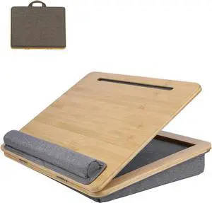 Adjustable Lap Desk-Portable Laptop Stand with Cushion, Bamboo Platform with Phone Holder, Wrist Pad Fits up to 15.6 Inch Laptops