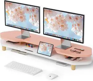 Wider Board Computer Monitor Stand for 2 Monitors,Slot For Phone/Tablet Office Desktop Organizer for Laptop,PC,Computer,Printer,Pink