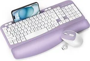 Wireless Keyboard and Mouse Combo, Wave Keys Full-Sized Ergonomic Keyboard with Cushioned Plam Rest, for Computer, Laptop, PC, Mac, Windows