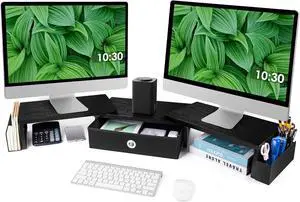 Dual Monitor Stand Riser w/ Drawer & Metal Leg, Large Computer Monitor Riser w/ Storage For 2 Monitor