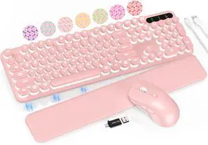 Wireless Keyboard and Mouse- Typewriter Keyboard with Retro Round Keycaps, Detachable Wrist Rest, Light Up Letters, 2.4G Rechargeable Combo (Pink)