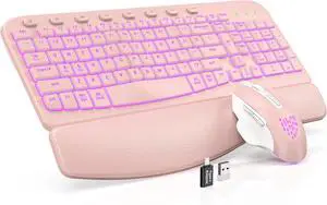 Ergonomic Wireless Keyboard and Mouse Combo - Resistant Keys, RGB Backlit Rechargeable Set for PC/Mac/Chromebook (Pink)