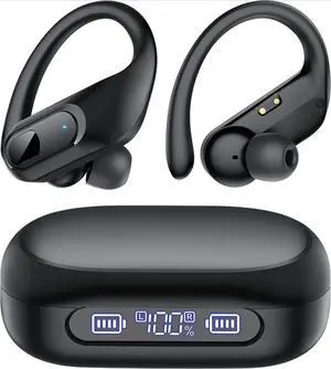 Wireless Bluetooth Headphones 96Hrs Playback LED Display Over-Ear Waterproof Earphones Clear Call for Sport/Running/Workout Black
