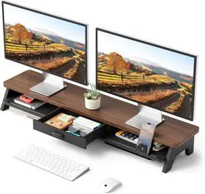 LED 2-Tier 39.3 Inch Computer Monitor Stand for 2 Monitors,Office Desktop Organizer with Storage Drawer and Phone Holder Walnut