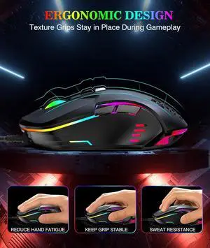 Wired PC Gaming Mouse: High Precision Sensor,RGB Backlit, Adjustable DPI, 7 Buttons Programmable,Ergonomic mice for Office & Gaming on Windows/Mac/Linux/Chrome-Black