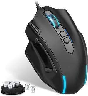 Wired Large Gaming Mouse, Big Gamer Mouse with Rapid Fire Button, 5 Side Buttons, 12400 DPI, 5 Backlit Modes, 11 Programmable Macro Shortcuts, Adjustable Weights, Comfort Grip for Windows