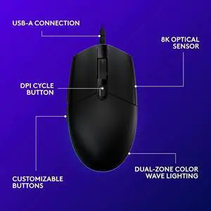 G203 Wired Gaming Mouse, 8,000 DPI, Rainbow Optical Effect LIGHTSYNC RGB, 6 Programmable Buttons, On-Board Memory, Screen Mapping, PC/Mac Computer and Laptop Compatible - Black