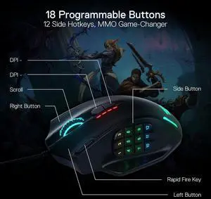 M908 Impact RGB LED MMO Gaming Mouse with 12 Side Buttons, Optical Wired Ergonomic Mouse with Max 12,400DPI, High Precision, 18 Programmable Macro Shortcuts, Comfort Grip