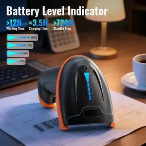 1D 2D QR Barcode Scanner Wireless and Wired with Battery Level Indicator Digital Printed Bar Code Reader Cordless Handheld Barcode Scanner Compact Plug and Play Model D5100