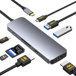 USB C Docking Station Dual HDMI Monitor, USB C to Dual HDMI Adapter with 2HDMI Ports, PD Charging, SD/TF, USB A&C 3.0 Ports, Laptop Docking Station for Dell XPS/HP/Lenovo/Surface/Yoga etc