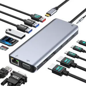 USB C Docking Station Dual Monitor,LaptopDocking Station,14 in 1 Docking Station 3 Monitors with 2 HDMI,VGA,10G USB A/C,100W PD,6 USB A/C Ports,USB C Hub Multiport Adapter for Windows Laptop