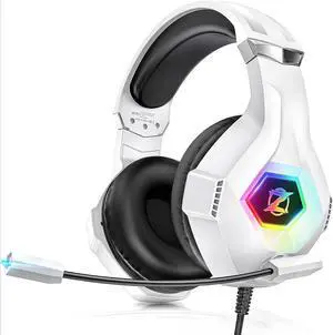 Gaming Headset for PC, Ps4, Ps5, Xbox Headset with 7.1 Surround Sound Gaming Headphones with Noise Canceling Mic, LED Light Over Ear Headphones for Switch, Xbox Series X/S, Laptop, Mobile White