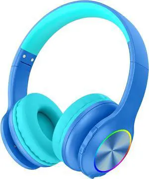 2021 Bluetooth Kids Headphones Fit for Aged 3-21 Colorful LED Lights Comfort Wireless Headphones with Microphone 94dB Volume Limited for School/iPad/PC/TV/Cellphones Wired & TF Card Mode Blue