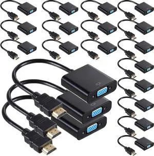 for20 Pack HDMI to VGA Adapter Converter Bulk Gold Plated Black HDMI to VGA Cable (Male to Female) Compatible with Computer Desktop Laptop PC Monitor HDTV Roku Projector Xbox Raspberry Pi
