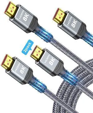 8K HDMI Cable 2-Pack 6.6FT Slim 48Gbps High Speed HDMI Braided Cord-4K@120Hz 144Hz 8K@60Hz HDCP 2.2&2.3 Dynamic HDR eARC DTS:X RTX 3090 Dolby Compatible with Roku TV/HDTV/PS5/Blu-ray