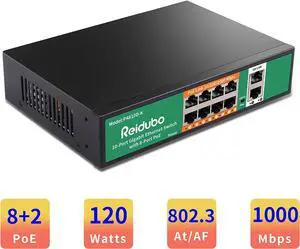 8 Port Gigabit PoE Switch with 2 Uplink 1000Mbps PoE Ethernet Unmanaged Network Switch 120W Plug & Play VLAN Suitable for Access Point-AP and PoE Surveillance Camera