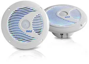 FOR 65 Inch Dual Marine Speakers IP44 Waterproof and Weather Resistant Outdoor Audio Stereo Sound System with Builtin Led Lights 150 Watt Power and Polyprone Cone 1 Pair PLMR6LEW White