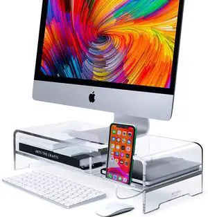 Acrylic Monitor Stand Riser Wide 20 2 Tier Computer Stand with Storage Desk Organizer Desktop Printer Stand Laptop Storage Shelf Screen Holder with Phone Holder(Clear)
