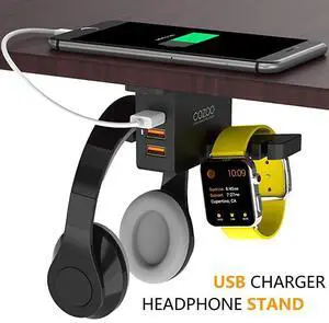 FOR Headphone Stand with USB Charger  Under Desk Headset Holder Mount with 3 Port USB Charging Station and iWatch Stand Smart Watch Charging Dock Dual Earphone Hanger Hook,UL Tested