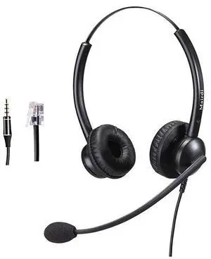 Headset with Noise Canceling Microphone Duo Call Center Telephone Headset with RJ9 Jack 35mm Connector for Landline Deskphone Cell Phone PC Laptop Work for Polycom Avaya Nortel Aastra