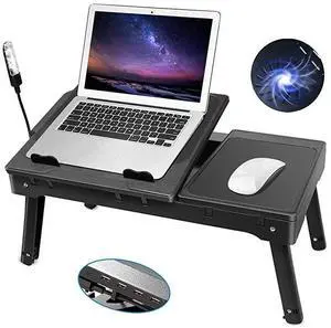 Laptop Table for Bed-Multi-Functional Laptop Bed Table Tray with Internal Cooling Fan & 2 Independent Laptop Stands-Foldable & 3 Different Height Laptop Desk-LED Lamp-4 Port USB