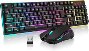 K10 Wireless Gaming Keyboard and Mouse Combo LED Backlit Rechargeable 3800mAh Battery Mechanical Feel Anti-ghosting Keyboard + 7D 3200DPI Mice for PC Gamer (Black)