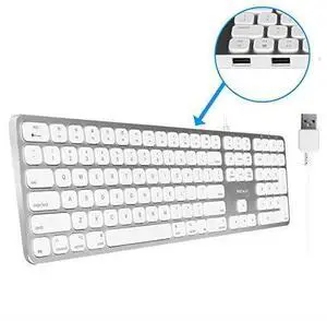 for  Mac Keyboard FullSize Number Keypad Metal Frame 2 USB Ports Hub Wired USB Cable Apple Computer Keyboards for Mac Pro MacBook Pro Air Laptops Silver Aluminum MLUXKEYA