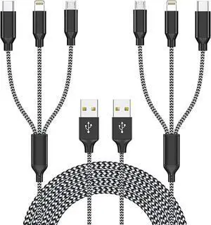 Multi Charging Cable(2Pack 4FT) iPhone Lightning Charger Cable Nylon Braided Multiple USB Cable Universal 3 in 1 Charging Cord with Type-C Micro USB Port Connectors for Cell Phones and More