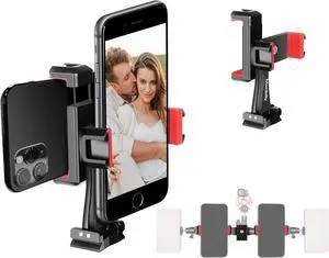Phone Tripod Mount Adapter 360° Rotatable Dual Cell Phone Holder Clip Adjustable Clamp with 4 Cold Shoe 1/4 Screw Fits Tripod Monopod Selfie Stick for Vlog Live Streaming Video Recording