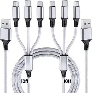 Multi Charging Cable 10ft 2Pack Multi Phone Charger Cable Braided Universal 3 in 1 Charging Cord Extra Long Multiple USB Cable with USB C Micro USB Port Connectors for Cell Phones and More