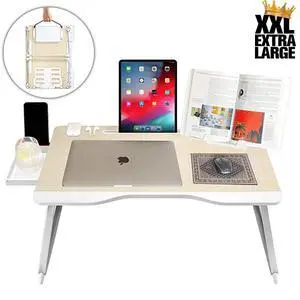 Mega Table [XXL Extra Large - Premium Build] Folding Bed Desk, Lap Desk & Laptop Table | Drawer, Book Stand, Lots of Leg Space (White Oak)