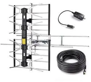 Outdoor Digital HDTV Antenna with High Gain and Low Noise Amplifier 40FT RG6 Coaxial Cable 2 Way Splitter 150 Miles Range UHF and VHF Easy Installation Upgraded Version