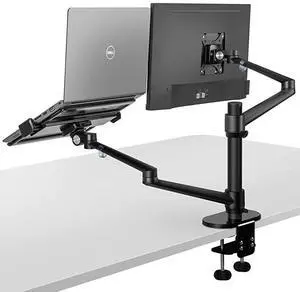 for  Monitor and Laptop Mount 2in1 Adjustable Dual Monitor Arm Desk MountsSingle Desk Arm StandHolder for 17 to 27 Inch LCD Computer Screens Extra Tray Fits 12 to 17 inch Laptops Black