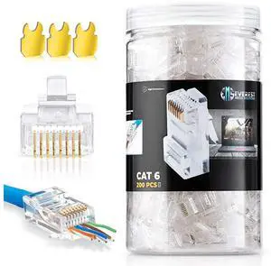 RJ45 Cat6 Pass Through Connectors Pack of 200Jar | Crimp Connector UTP Network Unshielded Plug for Twisted Pair Solid Wire Standard Cables | Transparent Passthrough Ethernet Insert